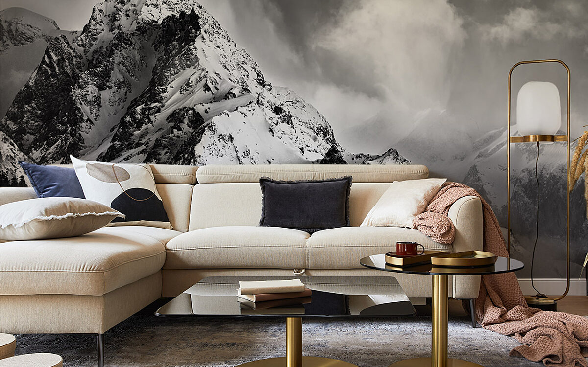 Myredro de Schwarz weisse Fototapete mit Bergen im Wohnzimmer Myredro de Schwarz weisse Fototapete mit Bergen im Wohnzimmer