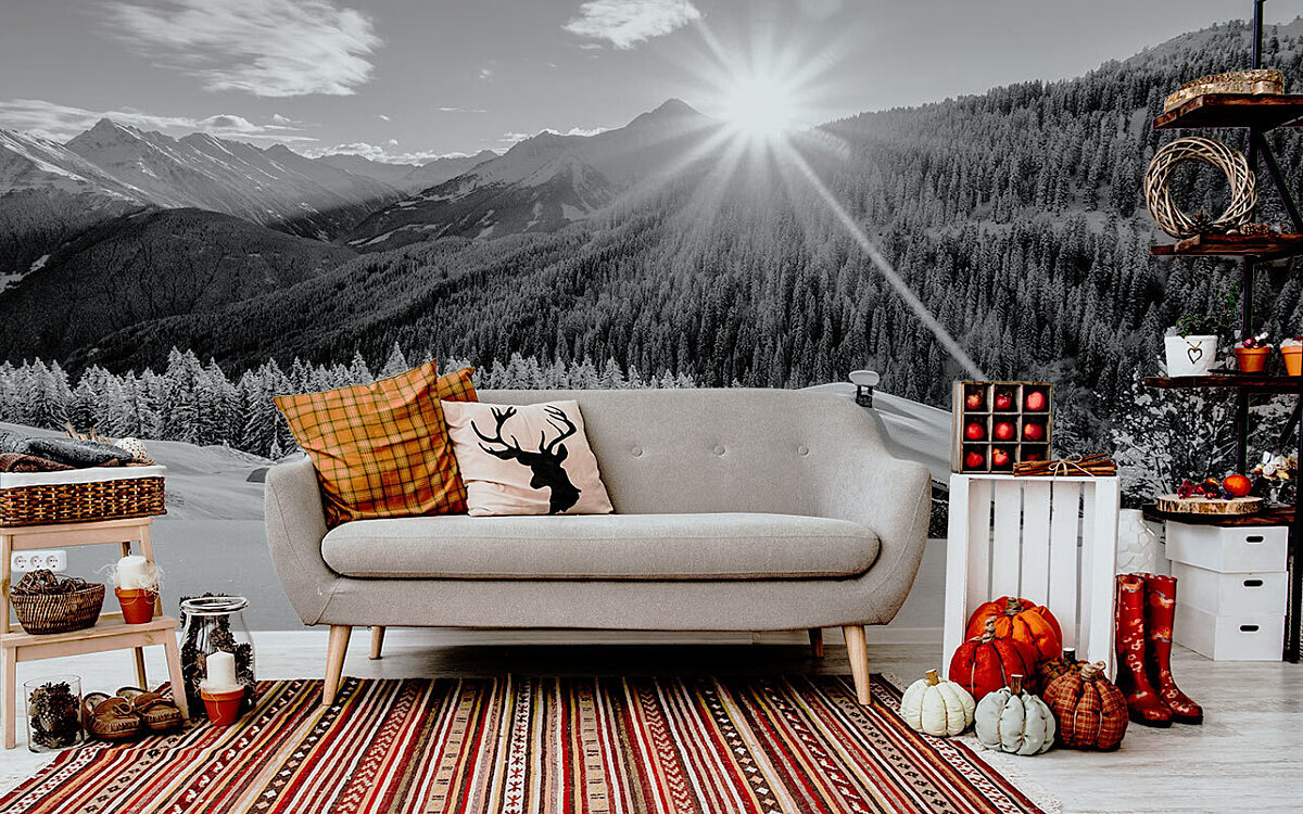 Myredro de Schwarz weisse Fototapete mit Bergen und Sonne im Scandi Wohnzimmer Myredro de Schwarz weisse Fototapete mit Bergen und Sonne im Scandi Wohnzimmer