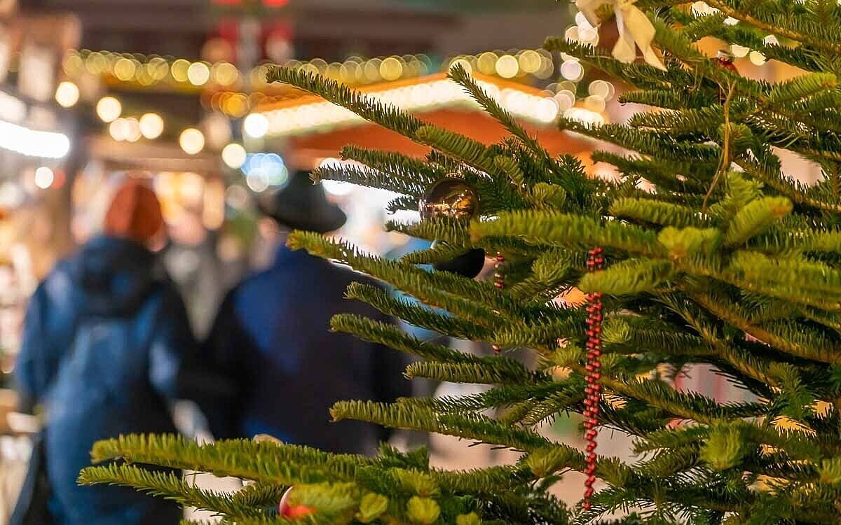 Würzburger Weihnachtsmarkt mit Blick auf den einen Weihnachtsbaum am Unteren Markt Würzburger Weihnachtsmarkt mit Blick auf den einen Weihnachtsbaum am Unteren Markt