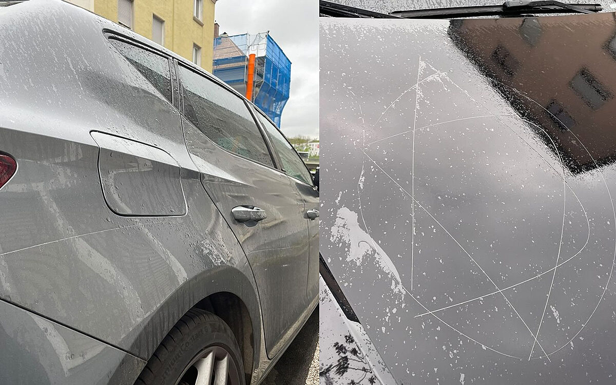 Ein Auto ist zerkratzt. Auf der Motorhaube ist augenscheinlich ein Davidstern eingeritzt Ein Auto ist zerkratzt. Auf der Motorhaube ist augenscheinlich ein Davidstern eingeritzt