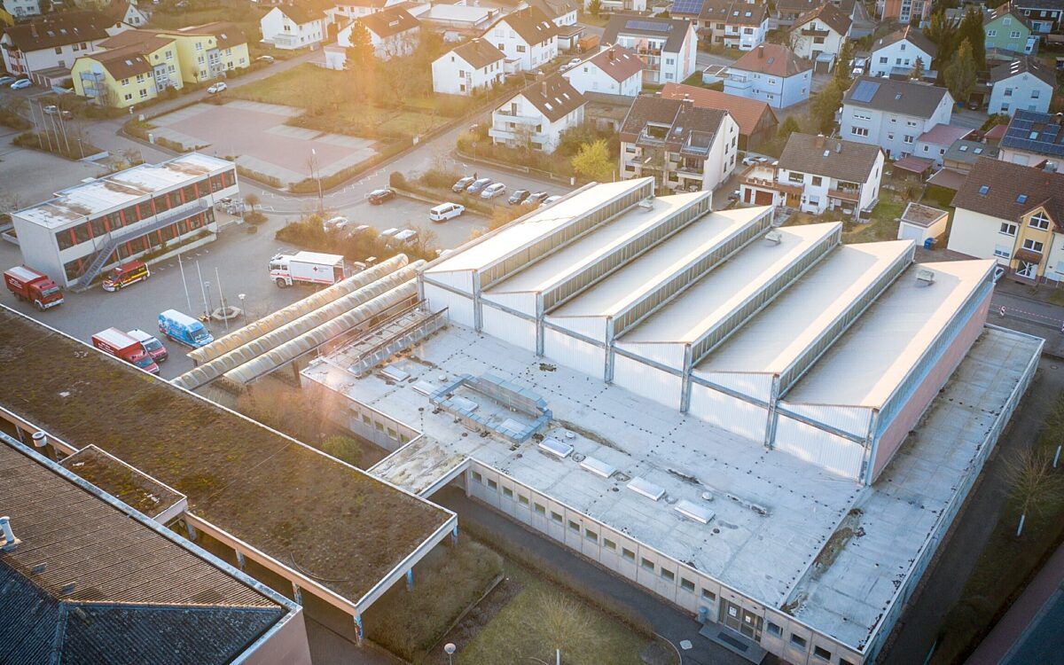 Der Blick auf die Main Spessart Halle in Marktheidenfeld von oben Der Blick auf die Main Spessart Halle in Marktheidenfeld von oben