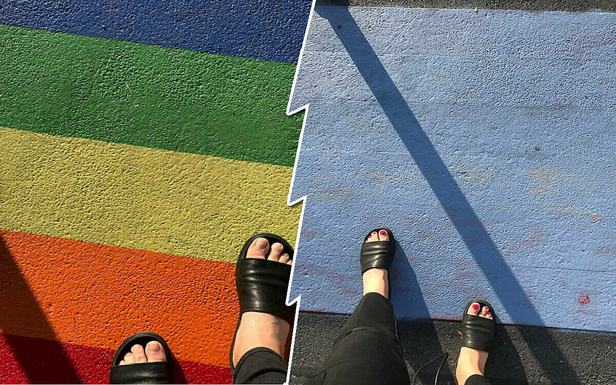 Bereits im Sommer 2021 wurde die Regenbogenflagge (links) mit graublauer Farbe bemalt (rechts) Bereits im Sommer 2021 wurde die Regenbogenflagge (links) mit graublauer Farbe bemalt (rechts)