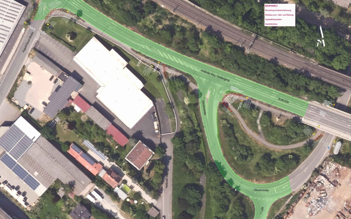 Die Sperrung der Südbrücke Kitzingen von oben Die Sperrung der Südbrücke Kitzingen von oben