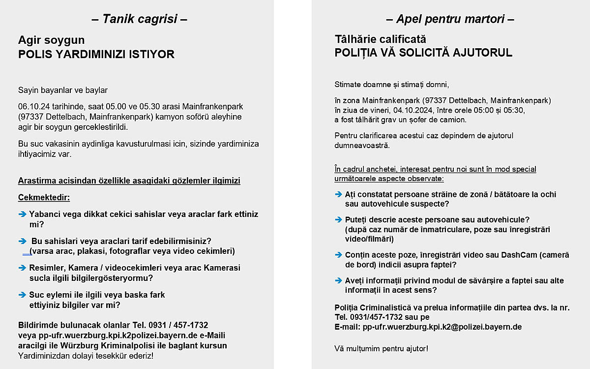 Zeugenaufruf in Tuerkisch und Rumaenisch Zeugenaufruf in Tuerkisch und Rumaenisch