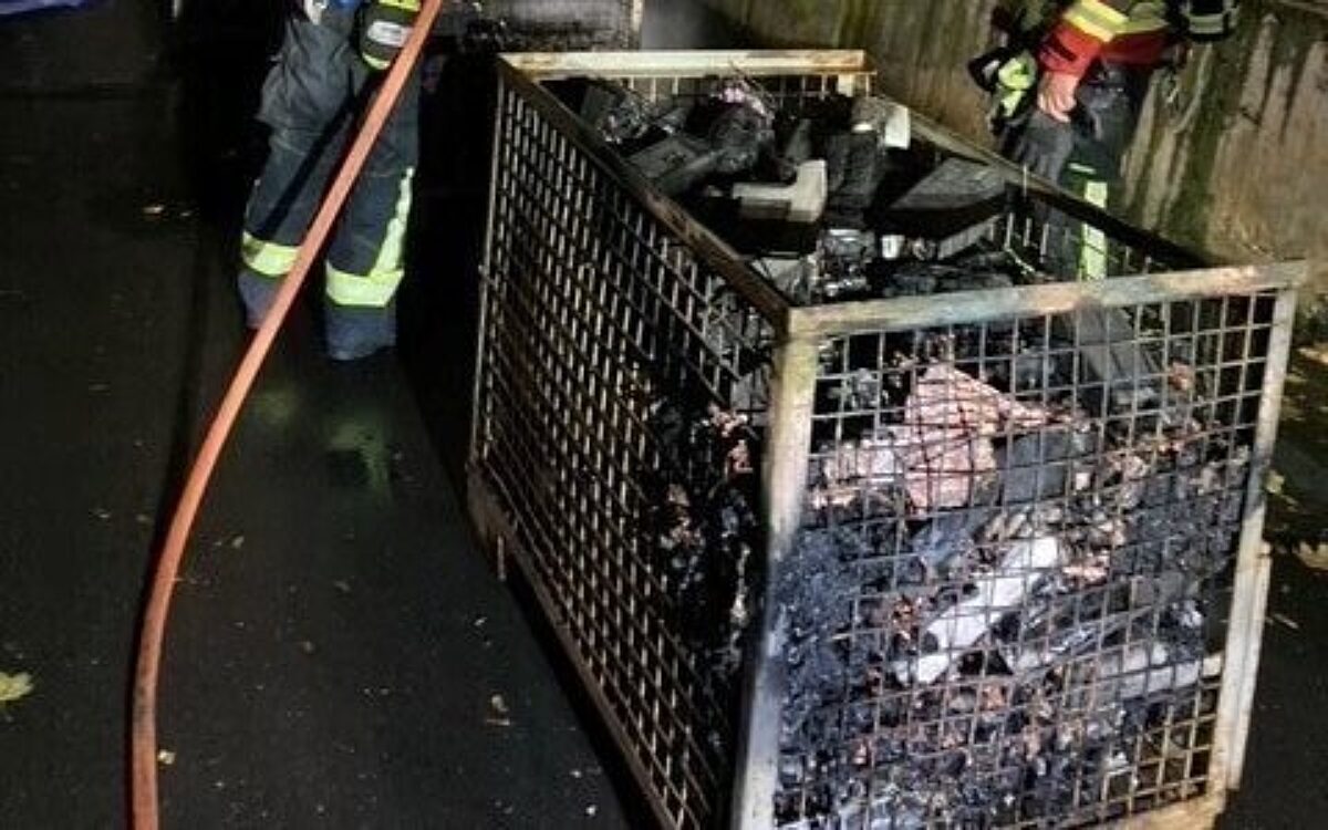 Eine Gitterbox mit verschmorten Lithium-Ionen-Akkus die gebrannt haben Eine Gitterbox mit verschmorten Lithium-Ionen-Akkus die gebrannt haben