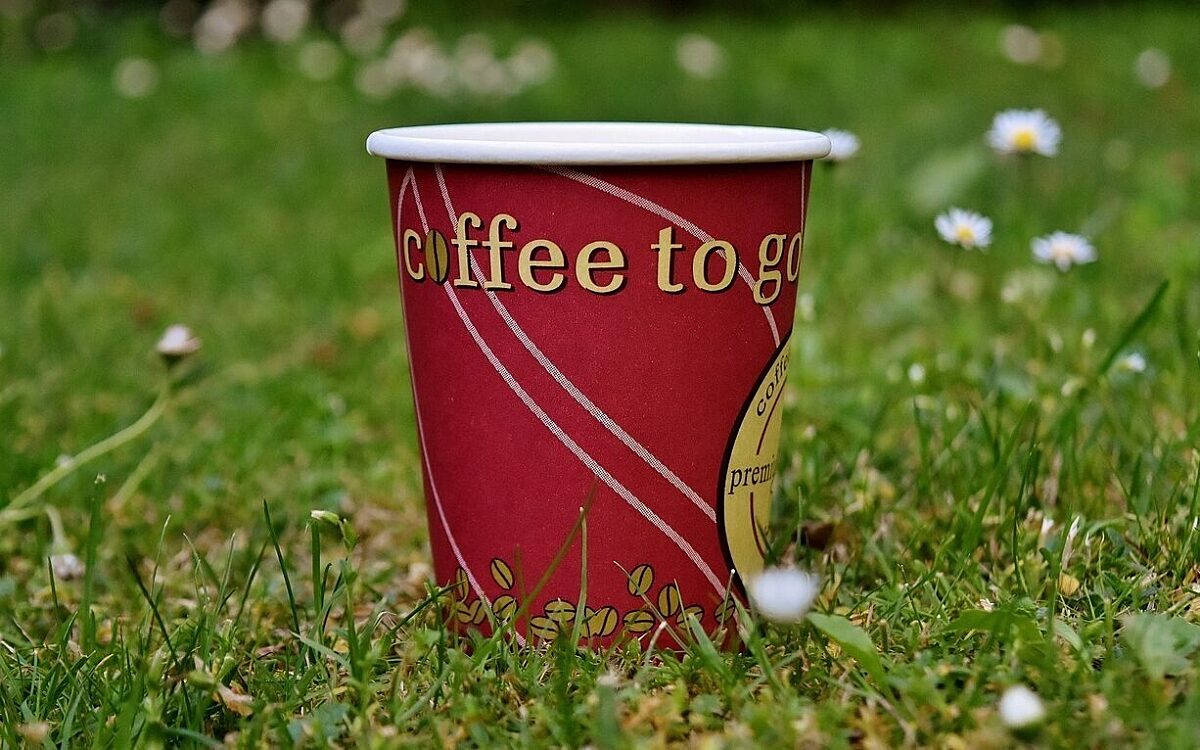 Ein Einwegkaffeebecher steht auf einer Wiese Ein Einwegkaffeebecher steht auf einer Wiese