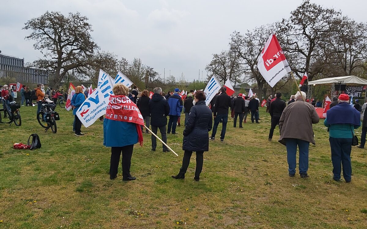Demonstranten mit fahnen auf mainwiesen Demonstranten mit fahnen auf mainwiesen