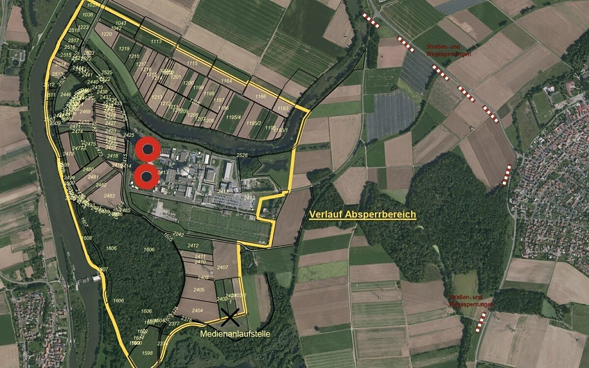 Die Sperrzone um das AKW Grafenrheinfeld bei der Sprengung der Kühltürme Die Sperrzone um das AKW Grafenrheinfeld bei der Sprengung der Kühltürme